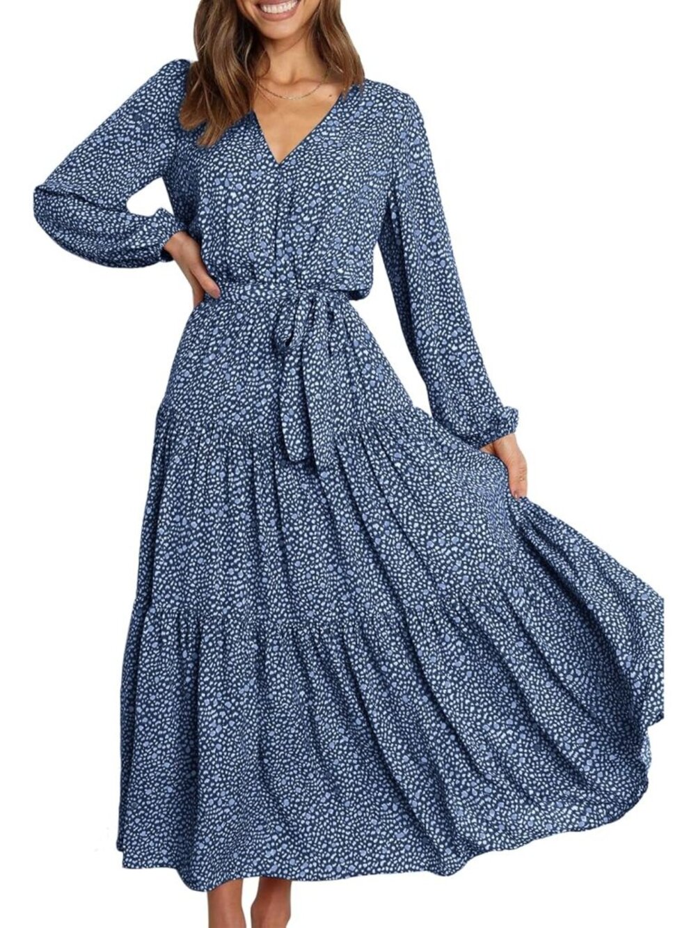 Women's Blue Long Sleeve Casual Boho Floral Wrap Wedding Guest Maxi Dresses